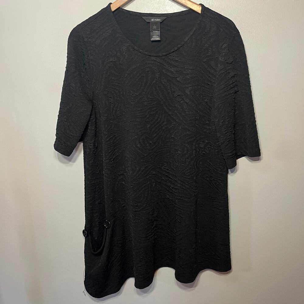 Ali Miles Tunic Textured Knit Black Asymmetrical Pocket Artsy Lagenlook Comfy L
